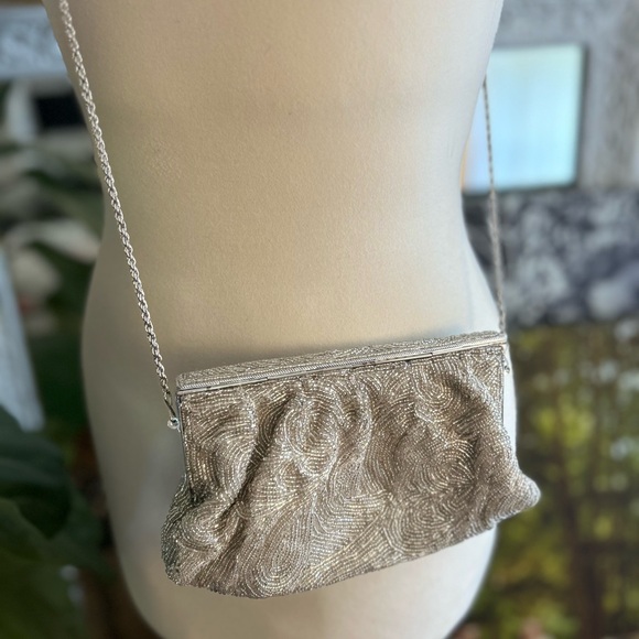 Vintage Elegant Silver Beaded Clutch & Crossbody
